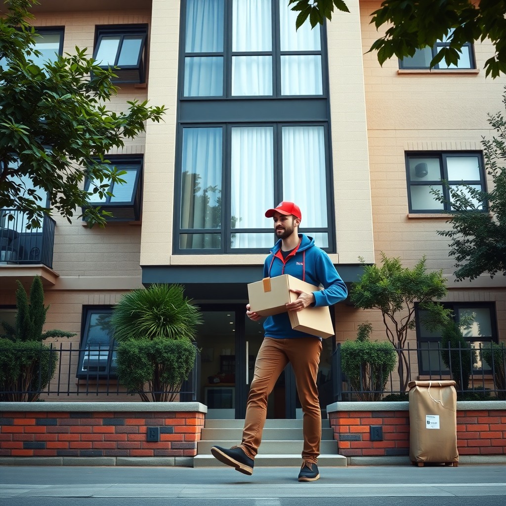 Photo-realistic editorial photography, realistic scene representing a delivery courier holding package in front of apartment building, urban environment