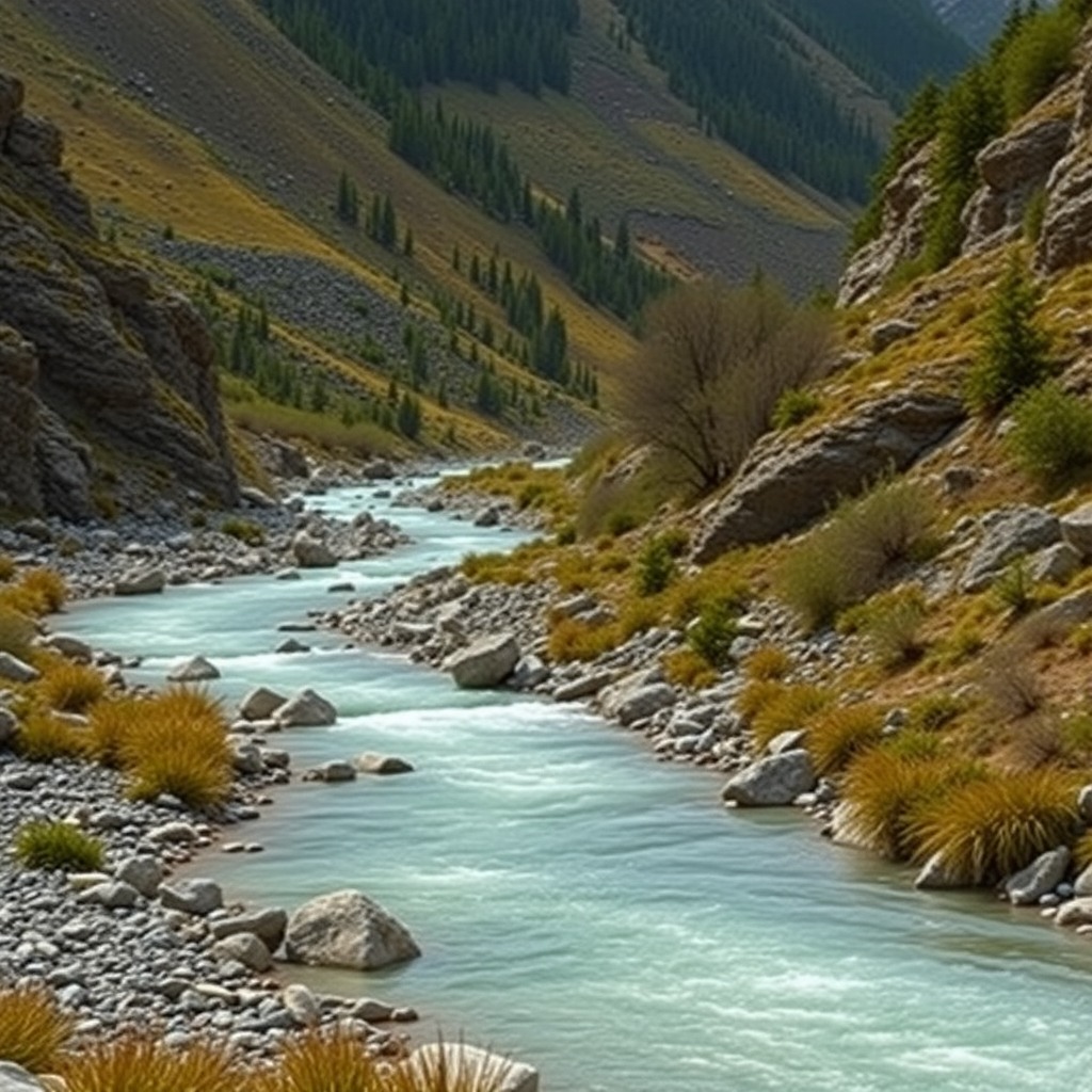 Photo-realistic editorial photography, realistic scene representing river in valley