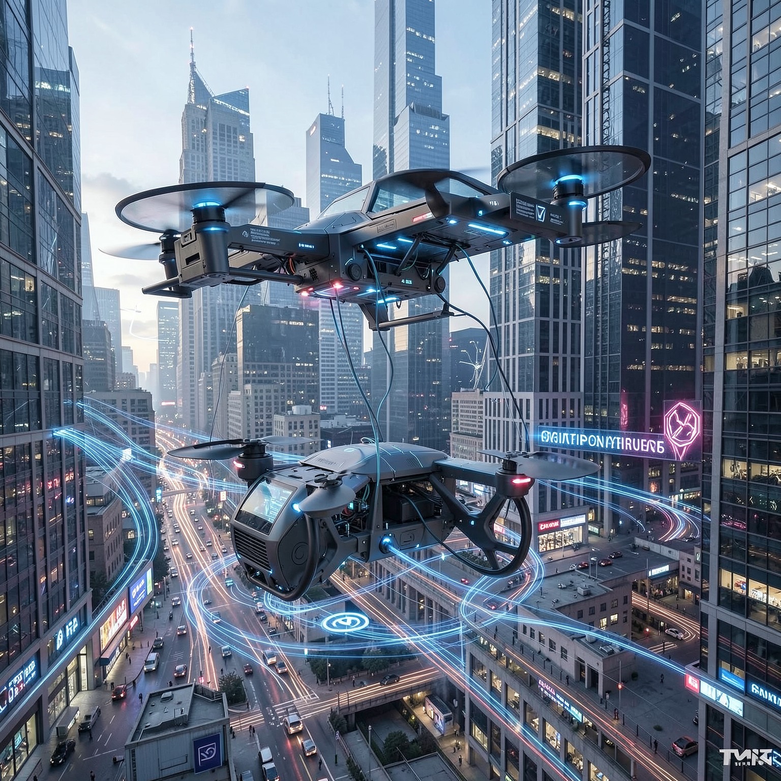futuristic drone delivery system in megacity