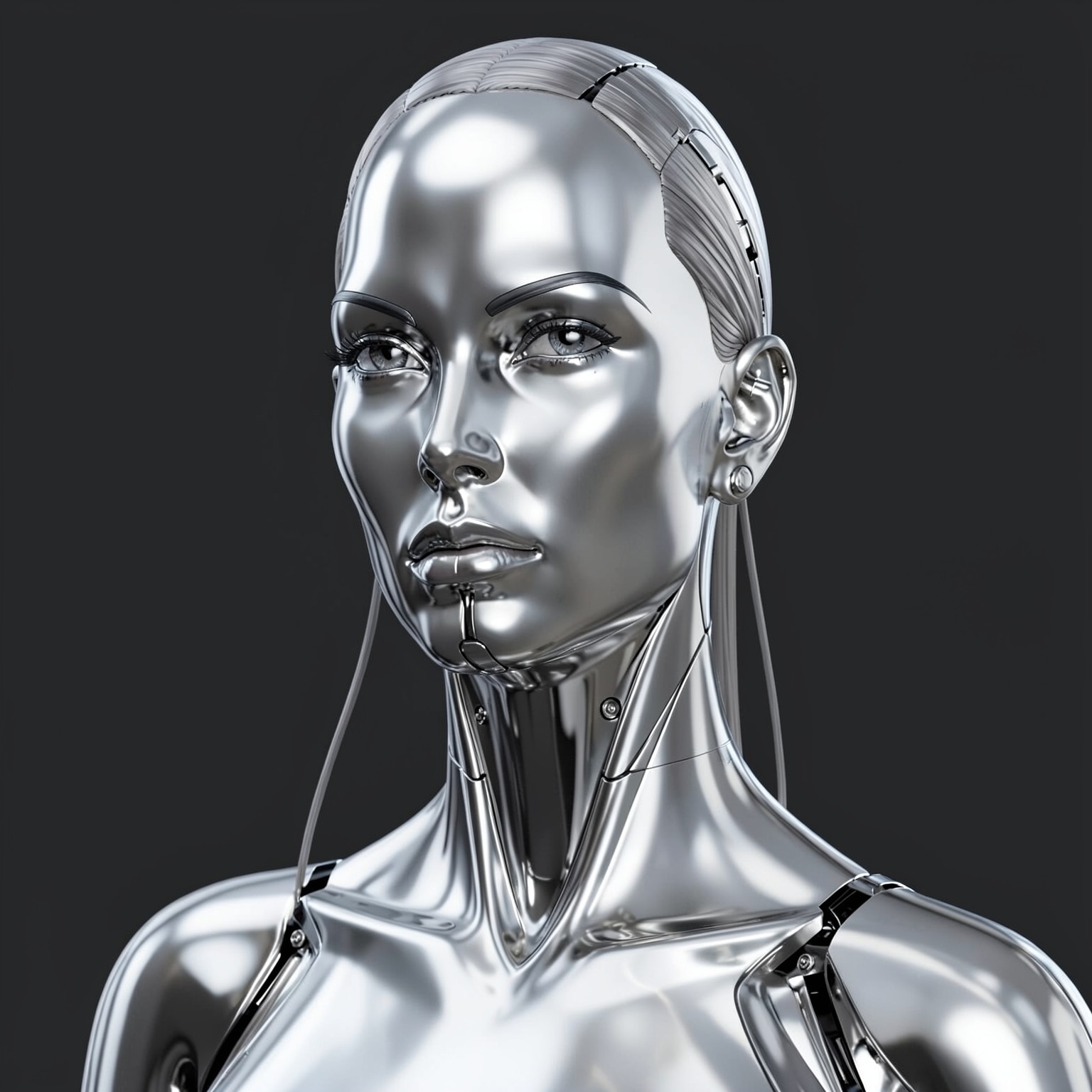 AI android woman with silver chrome skin