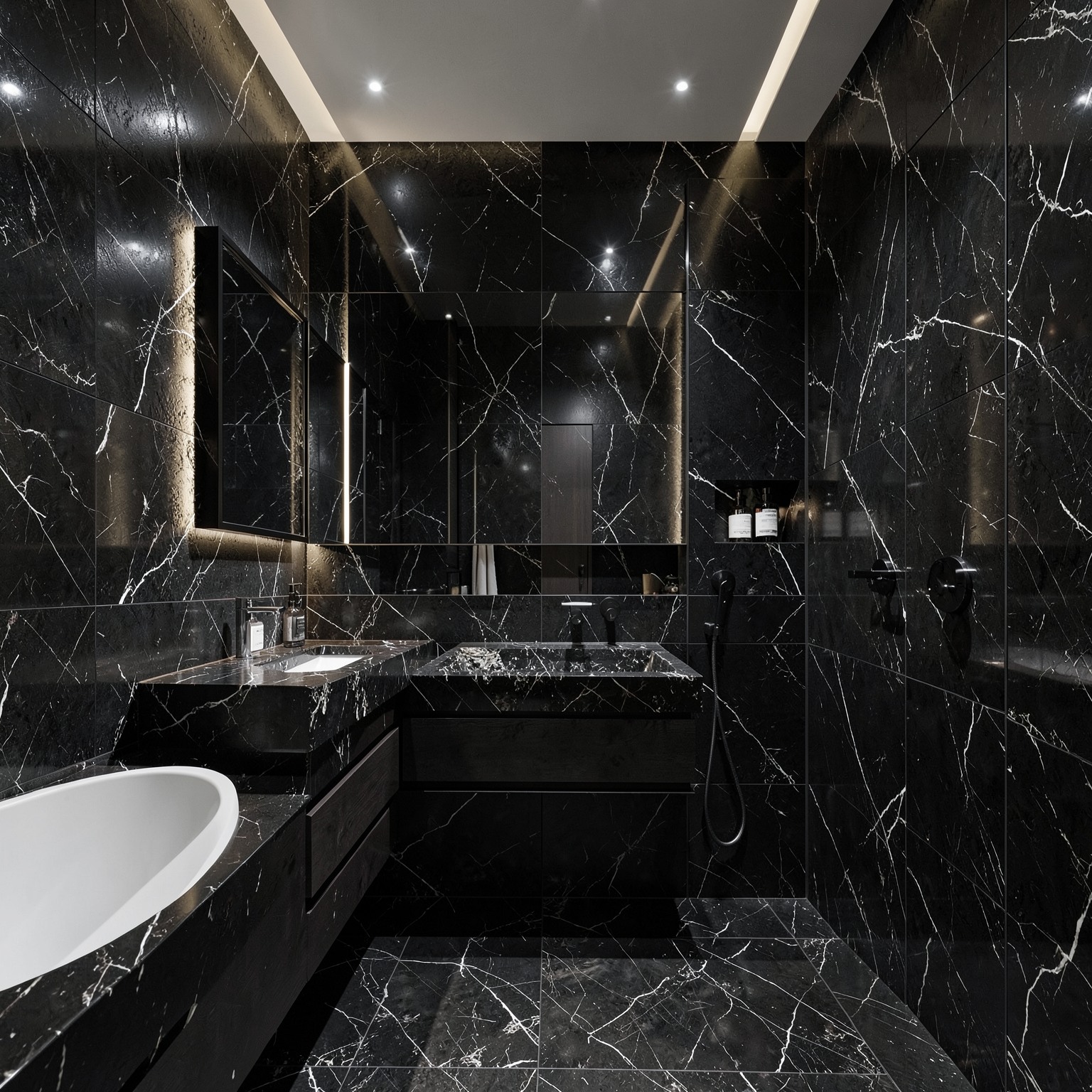 luxury black marble bathroom interior with ambient lighting