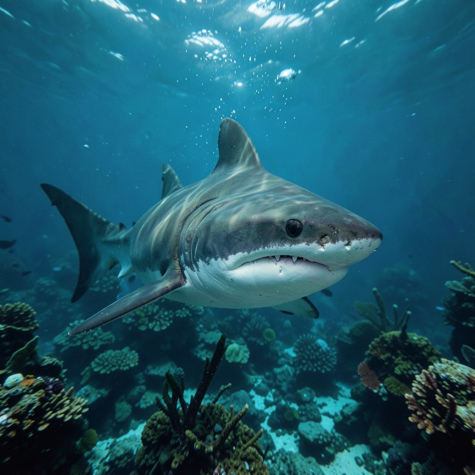 realistic shark underwater cinematic photography