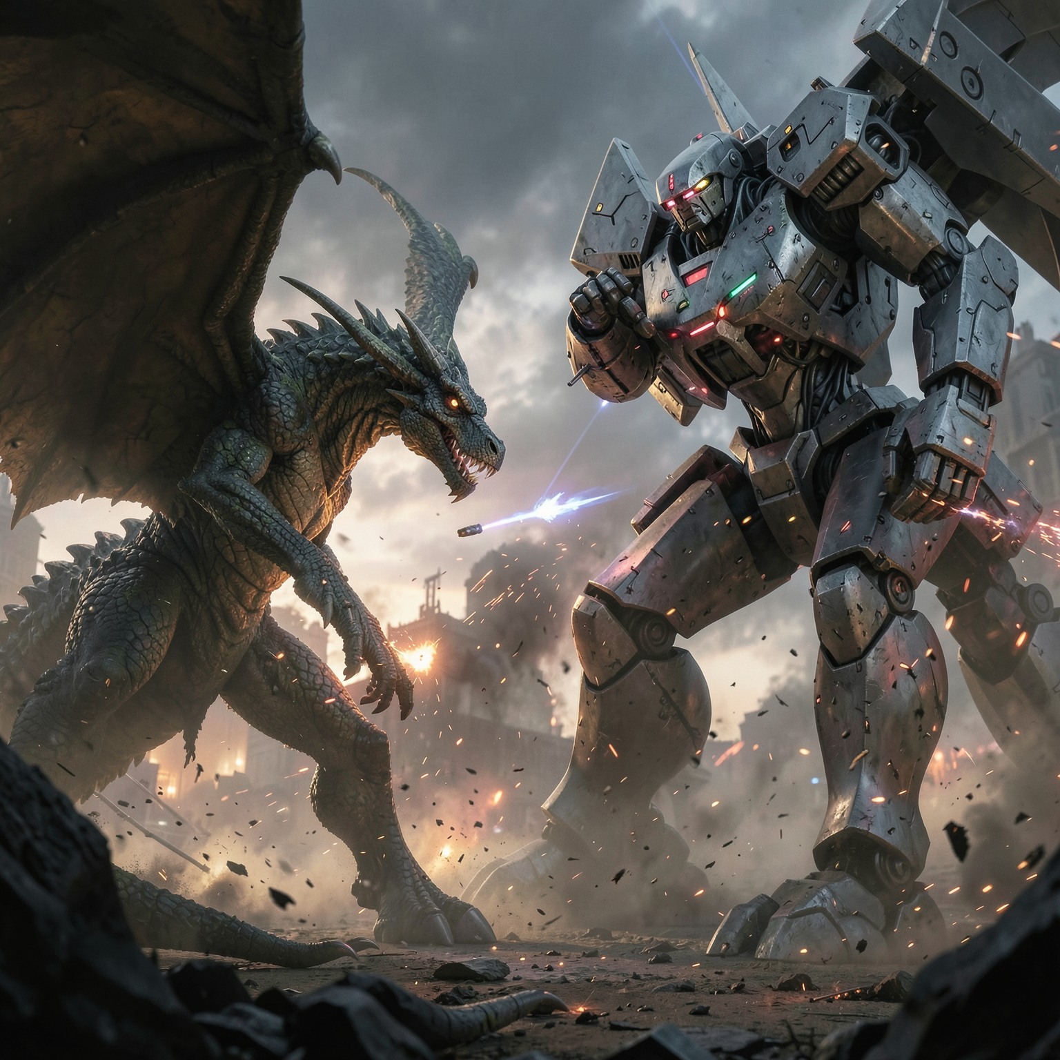 cinematic battle between dragon and giant robot