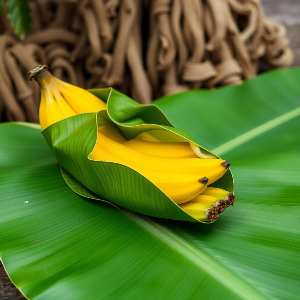 banana leaf wrapped fruits, tropical aesthetic
