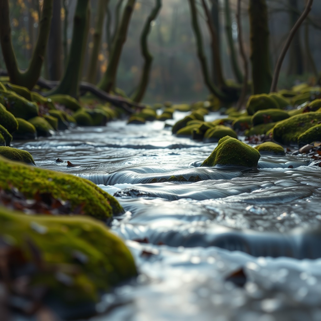 Photo-realistic scene of a calm stream flowing through a mossy forest, soft shadows, natural tones