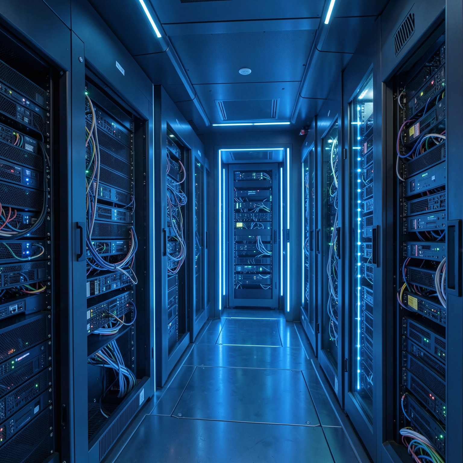 futuristic AI server room glowing with blue lights