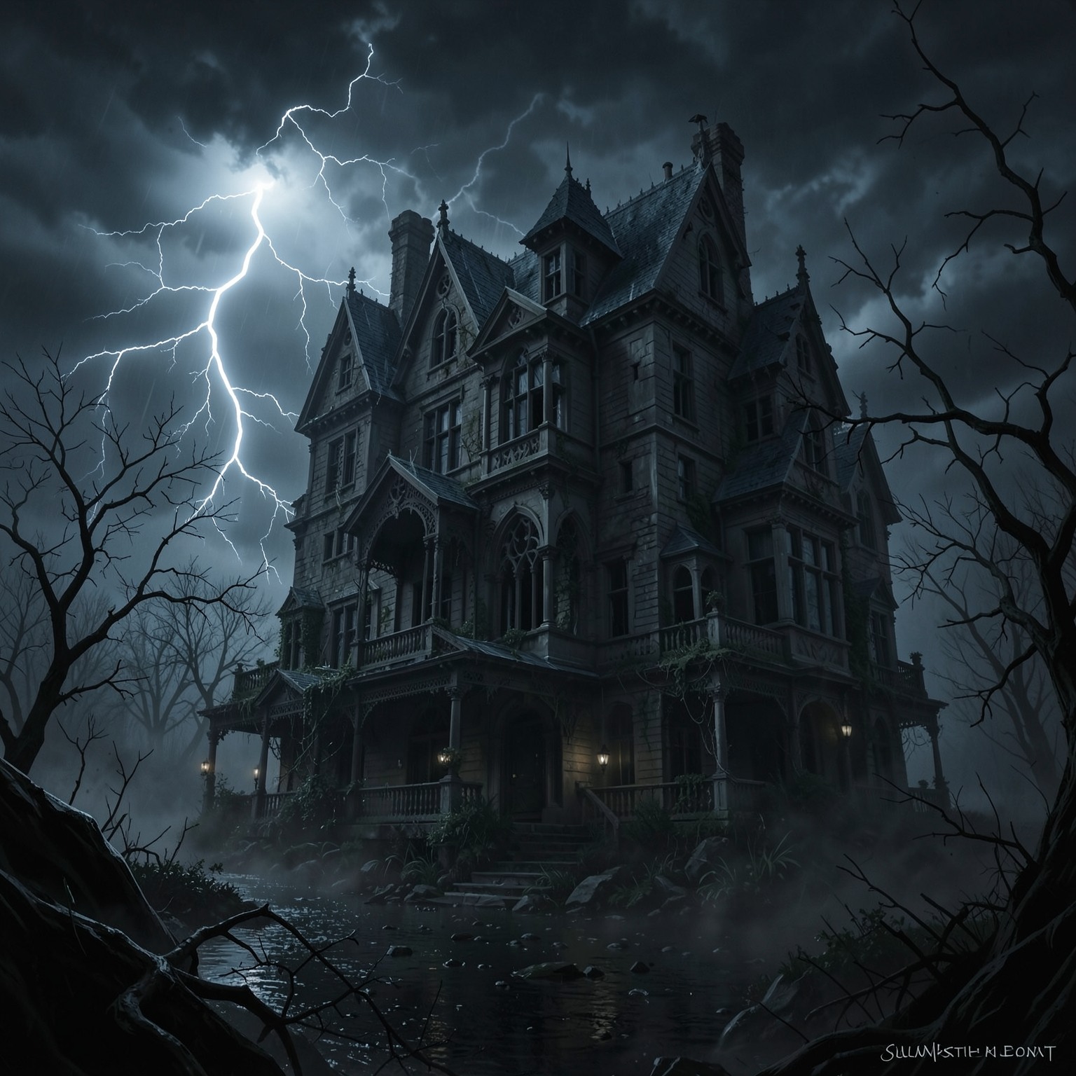 Haunted mansion during lightning storm, gothic horror