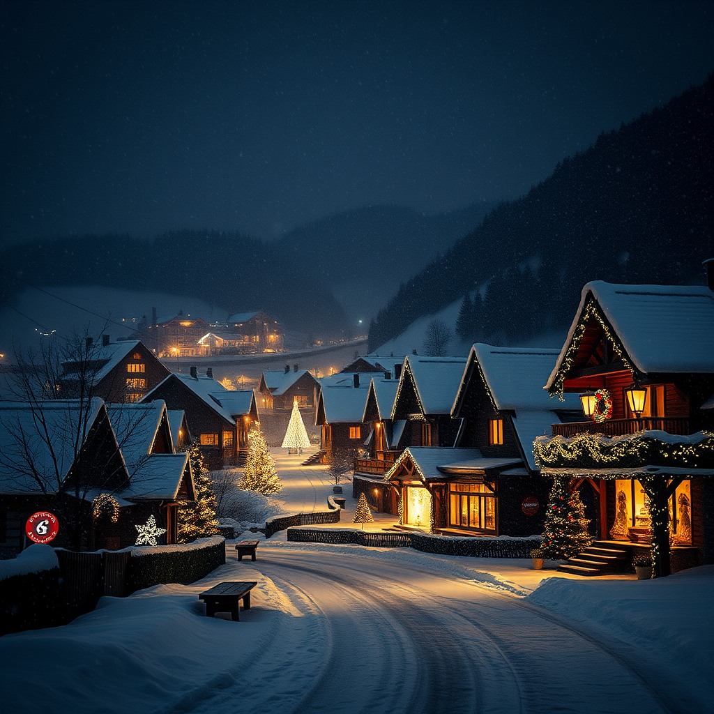 snowy village at night, christmas lights, falling snow, cinematic wide shot