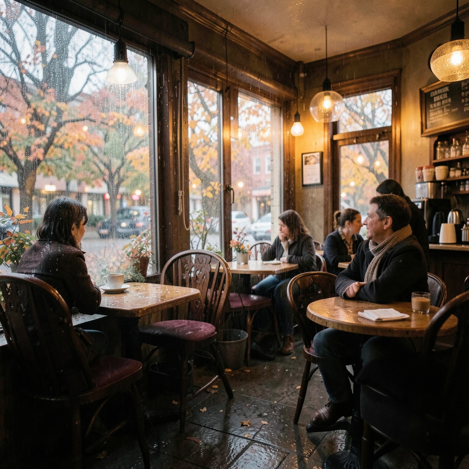 cozy coffee shop during rainy autumn evening