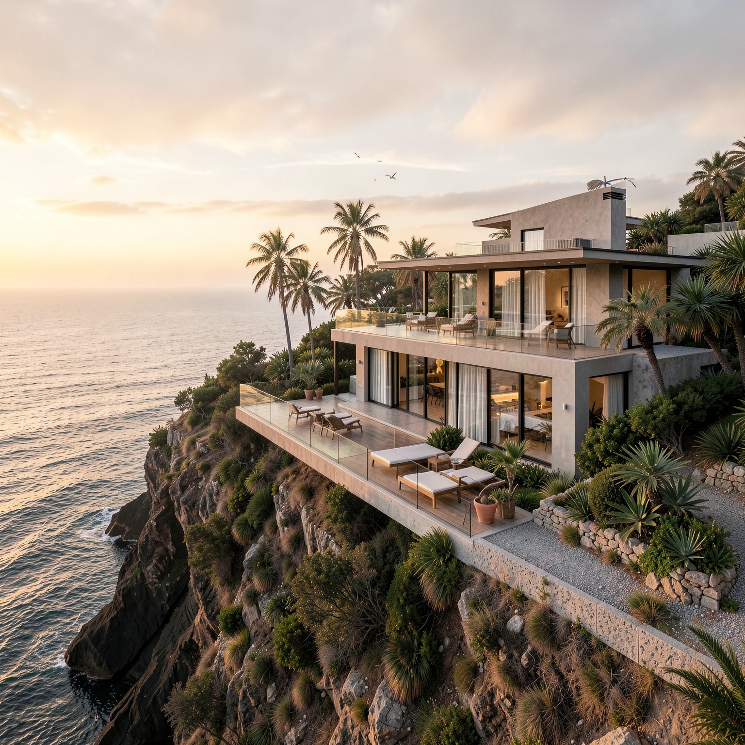luxury modern villa on a cliff above the ocean during sunset, realistic architecture, palm trees, soft golden light