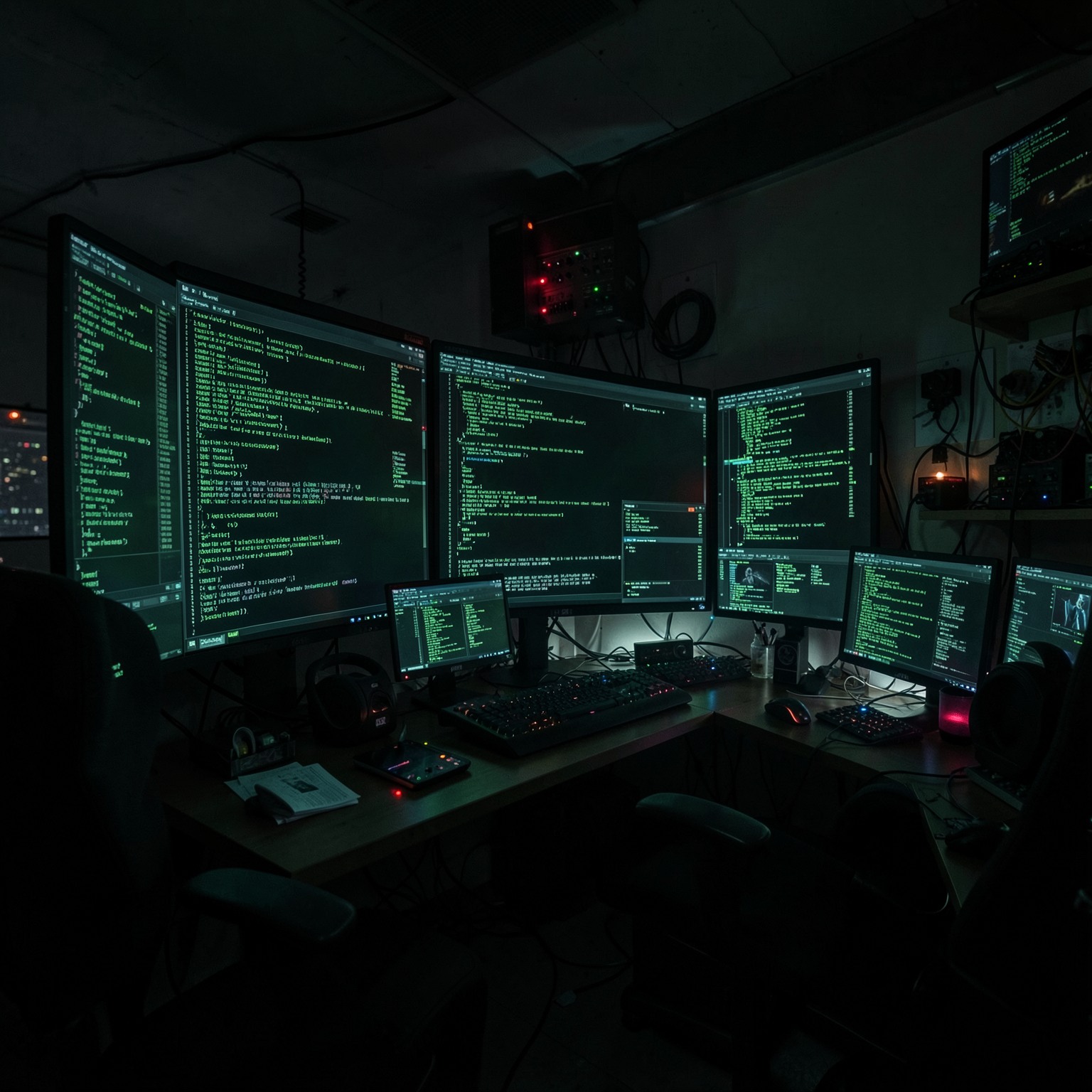 Dark moody hacker room with green code screens, cinematic lighting
