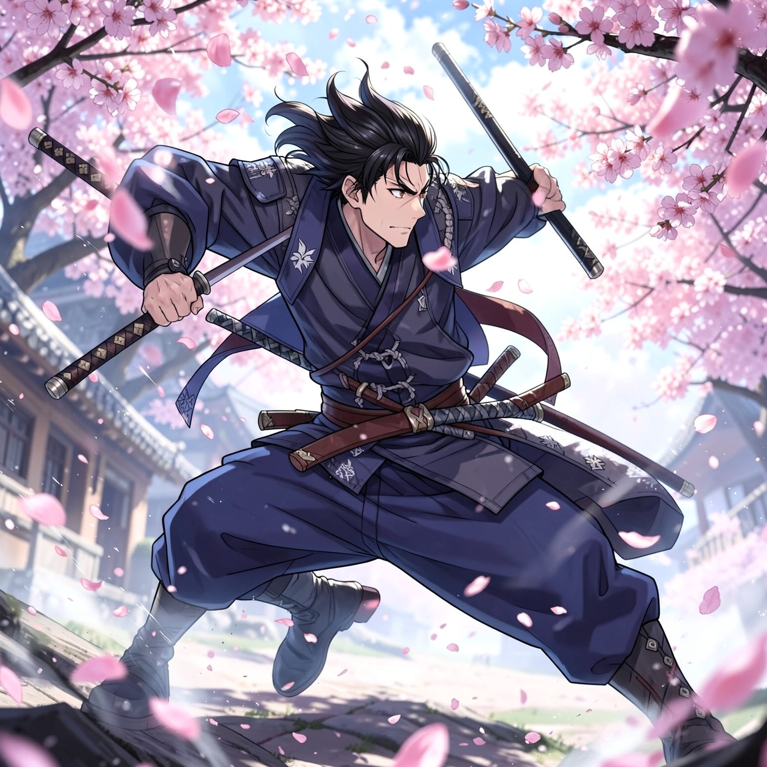 anime samurai fighting under cherry blossom petals, dynamic action pose