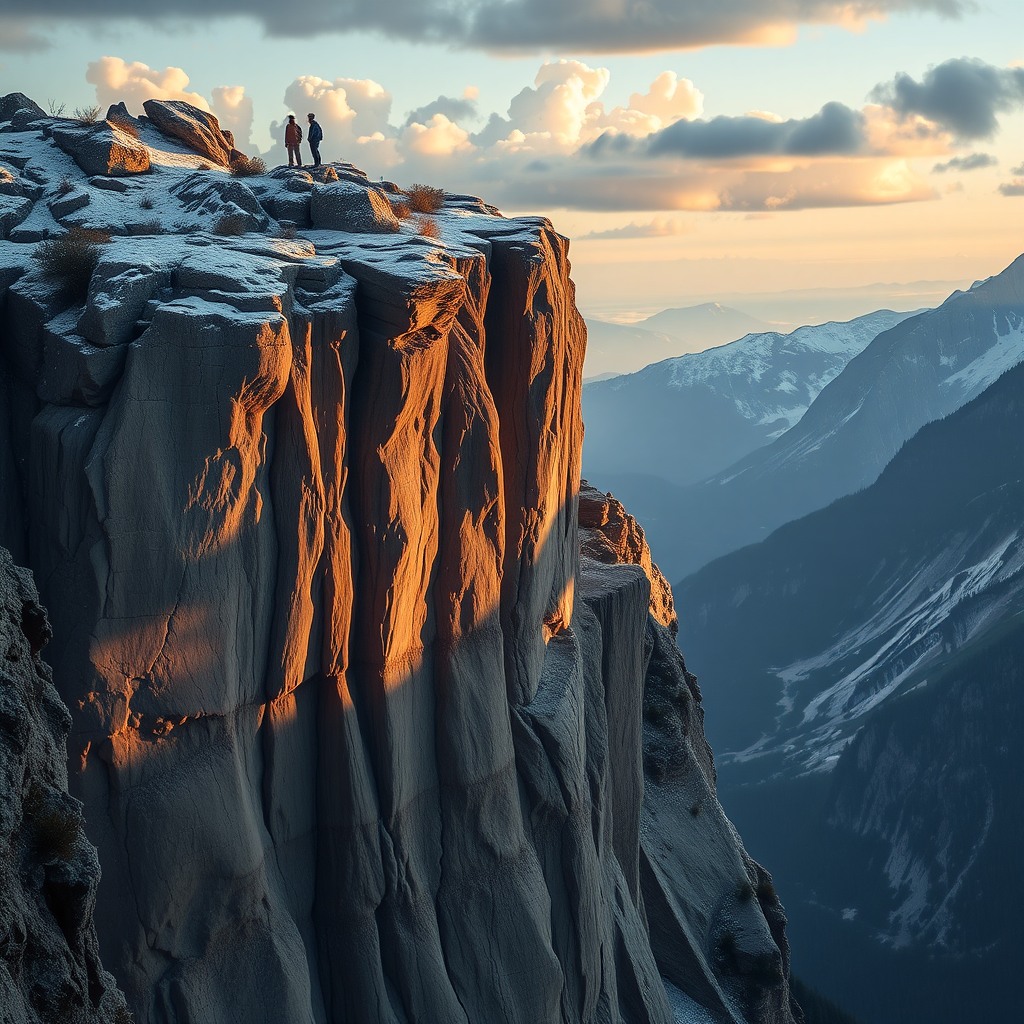 Photo-realistic editorial photography, realistic scene representing dramatic mountain cliffs