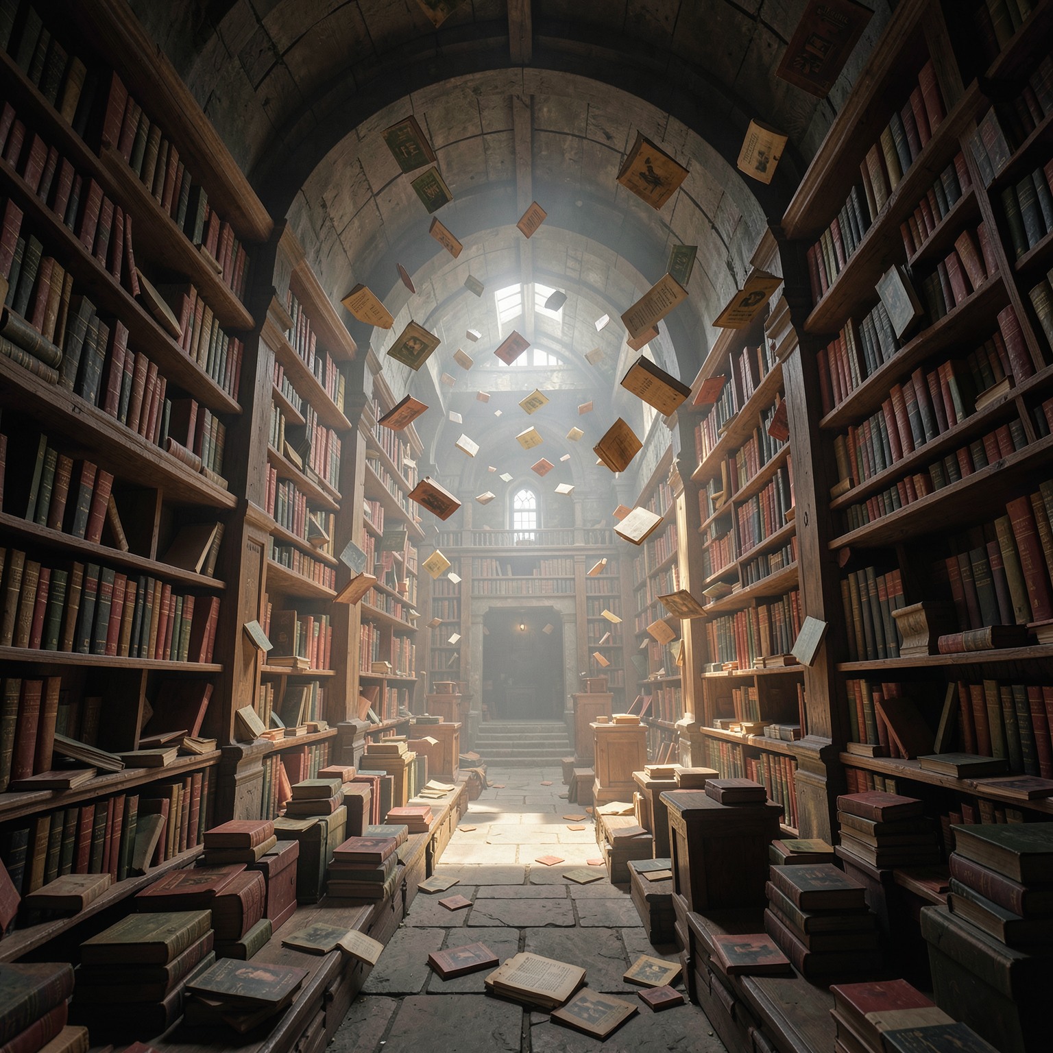Ancient library with endless floating books