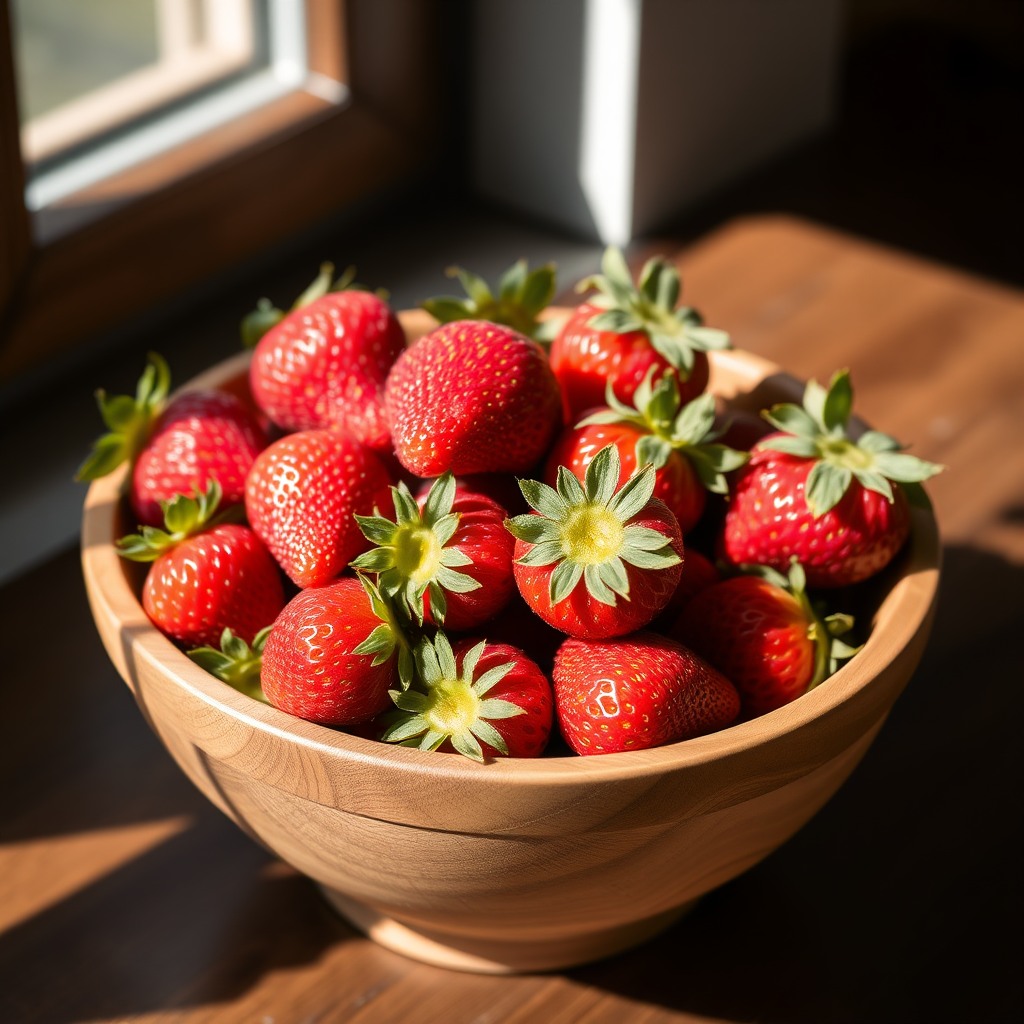 fresh strawberries in wooden bowl, natural daylight, food photography