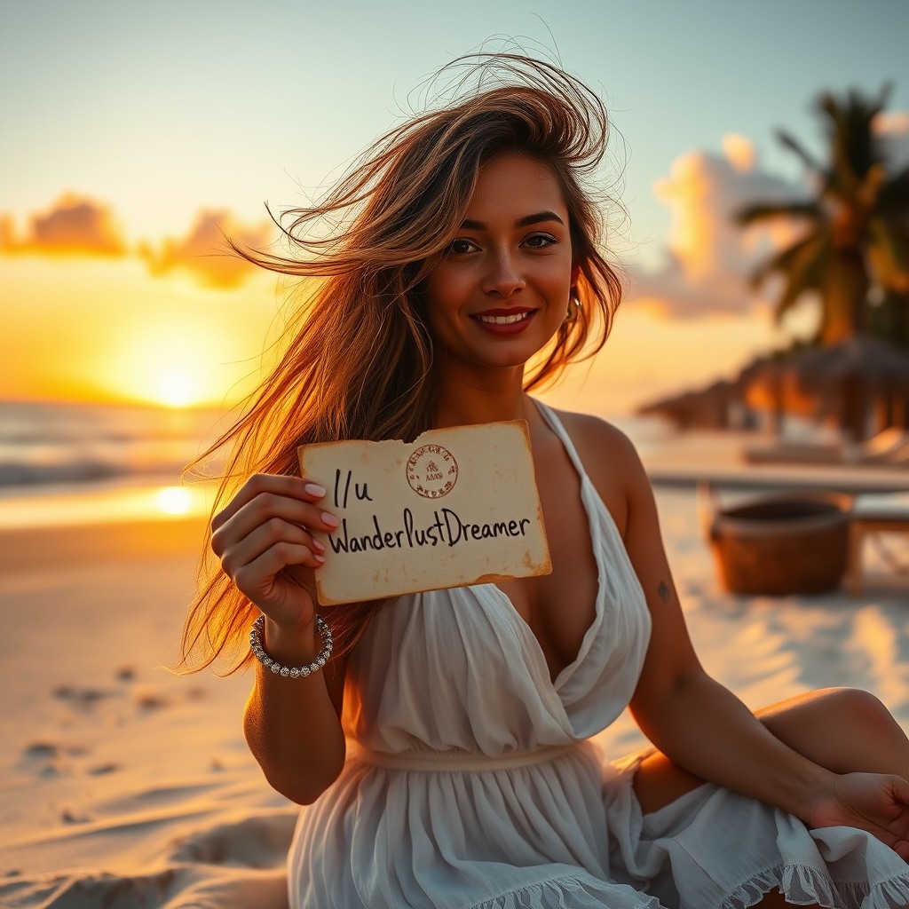 A bohemian-style female travel blogger with sun-kissed skin and messy beach waves, sitting on a tropical beach at sunset. She’s wearing a flowy white sundress and holding up a weathered postcard with “/u/WanderlustDreamer” scrawled on it. Golden hour lighting bathes the scene in warm tones.