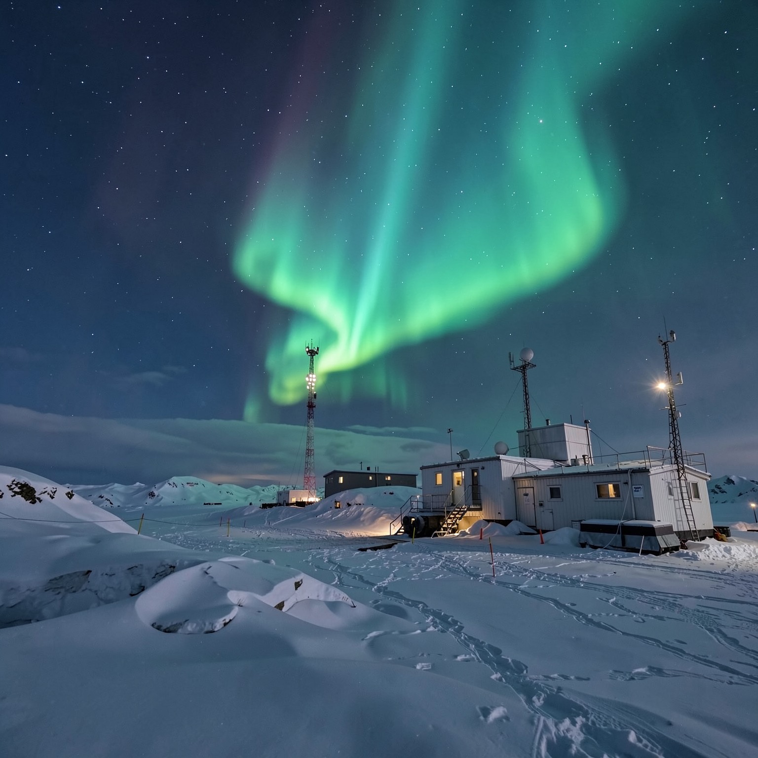 Arctic research base during aurora borealis storm