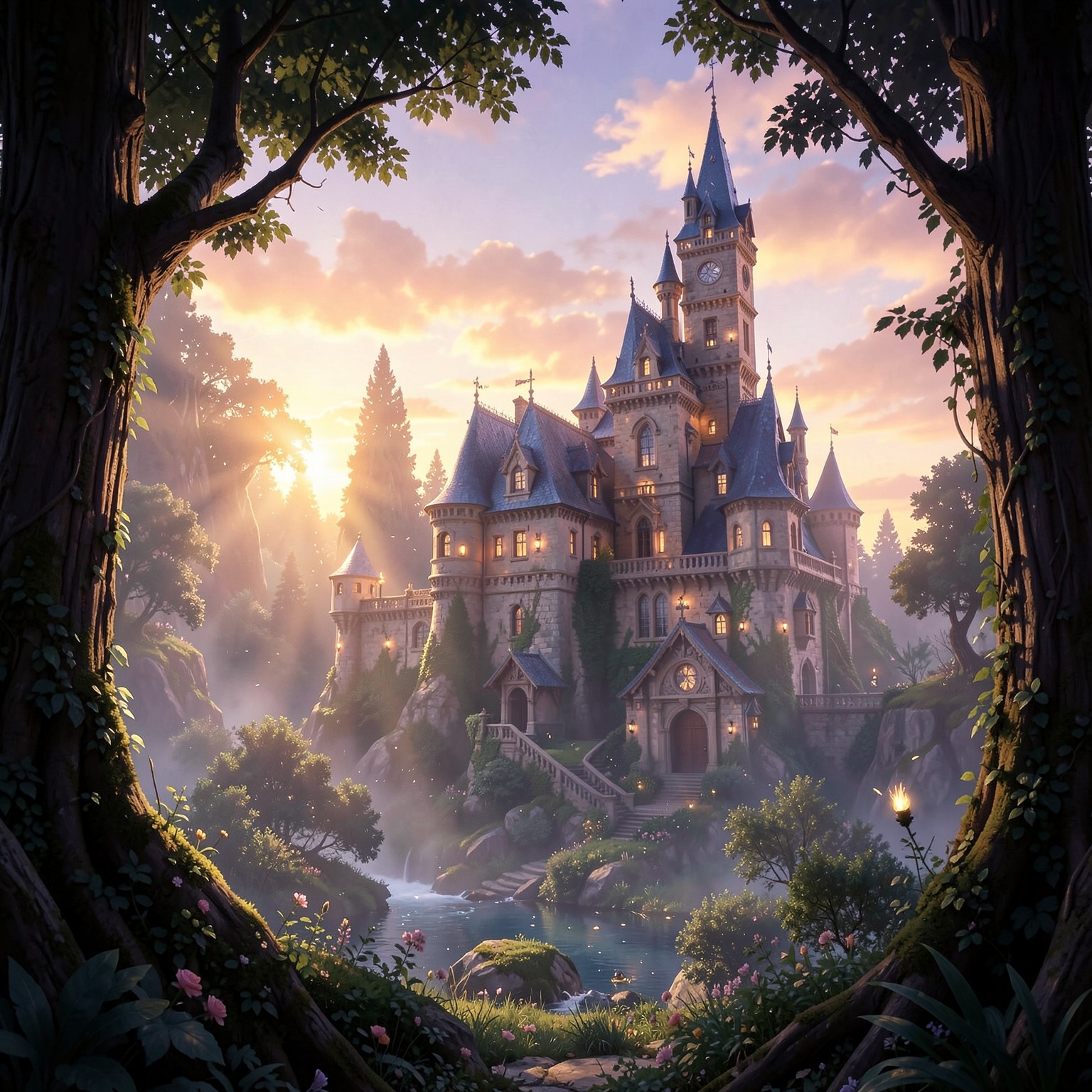 Magical forest castle at sunrise