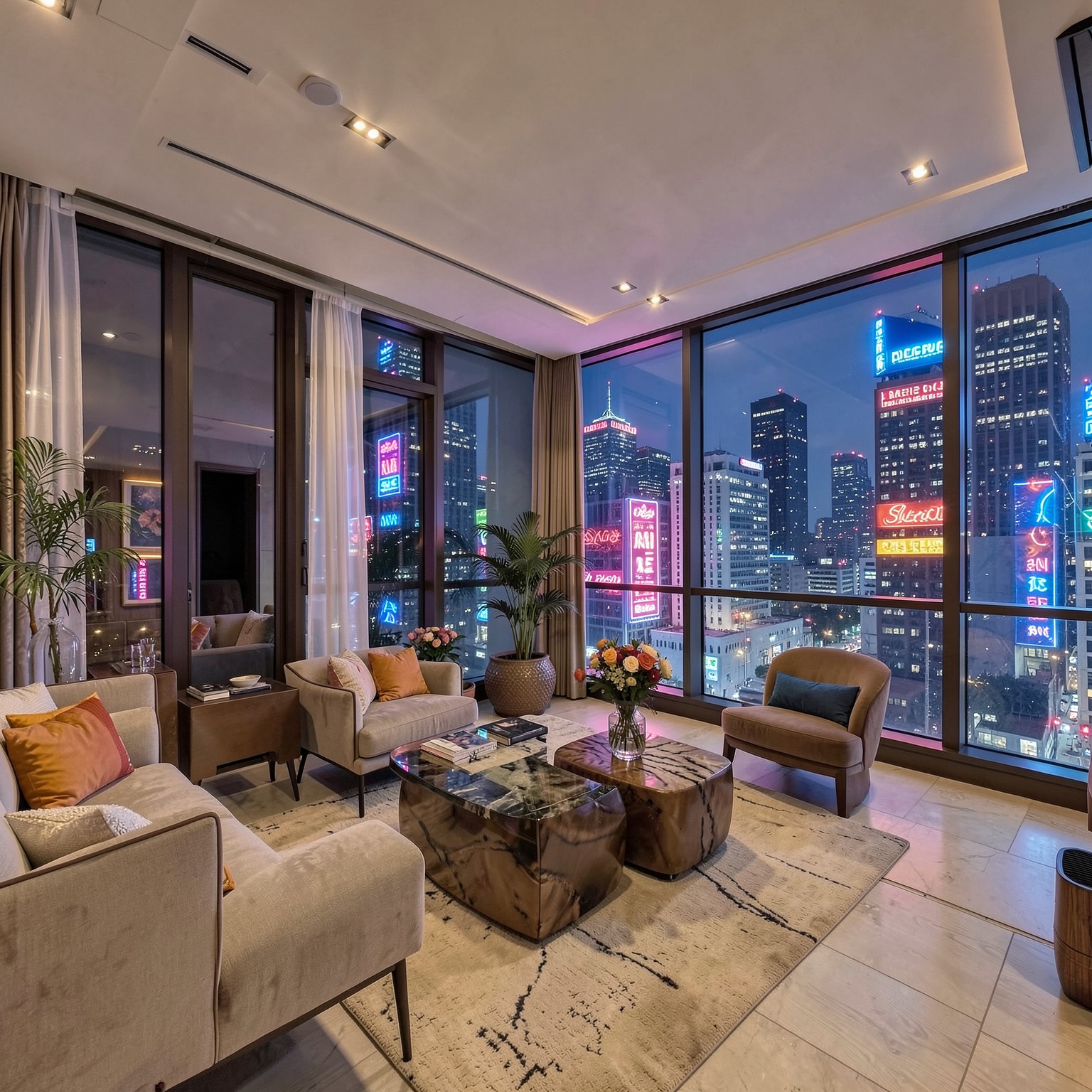luxury penthouse interior overlooking neon skyline