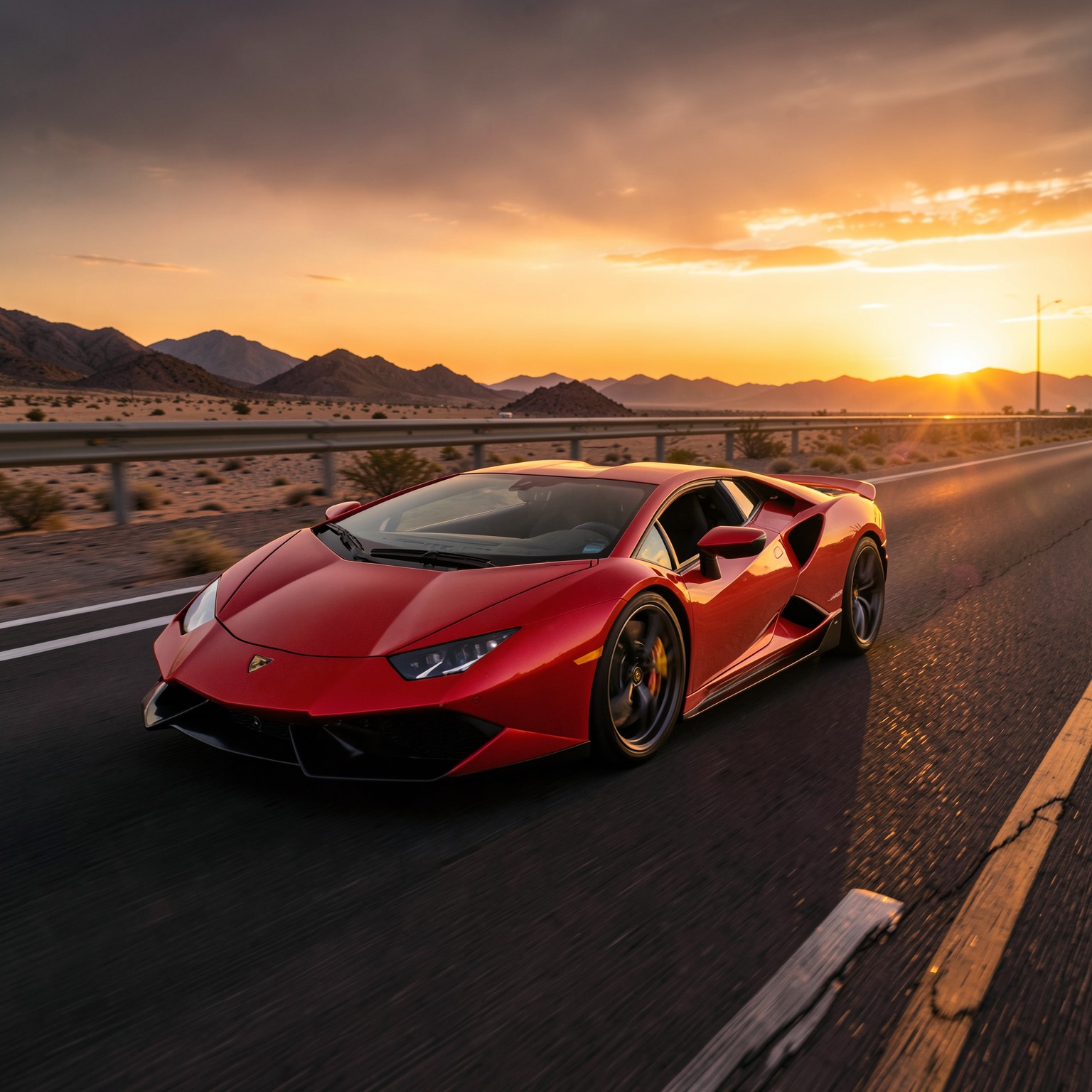 Ultra realistic Lamborghini in desert highway during sunset, dramatic perspective