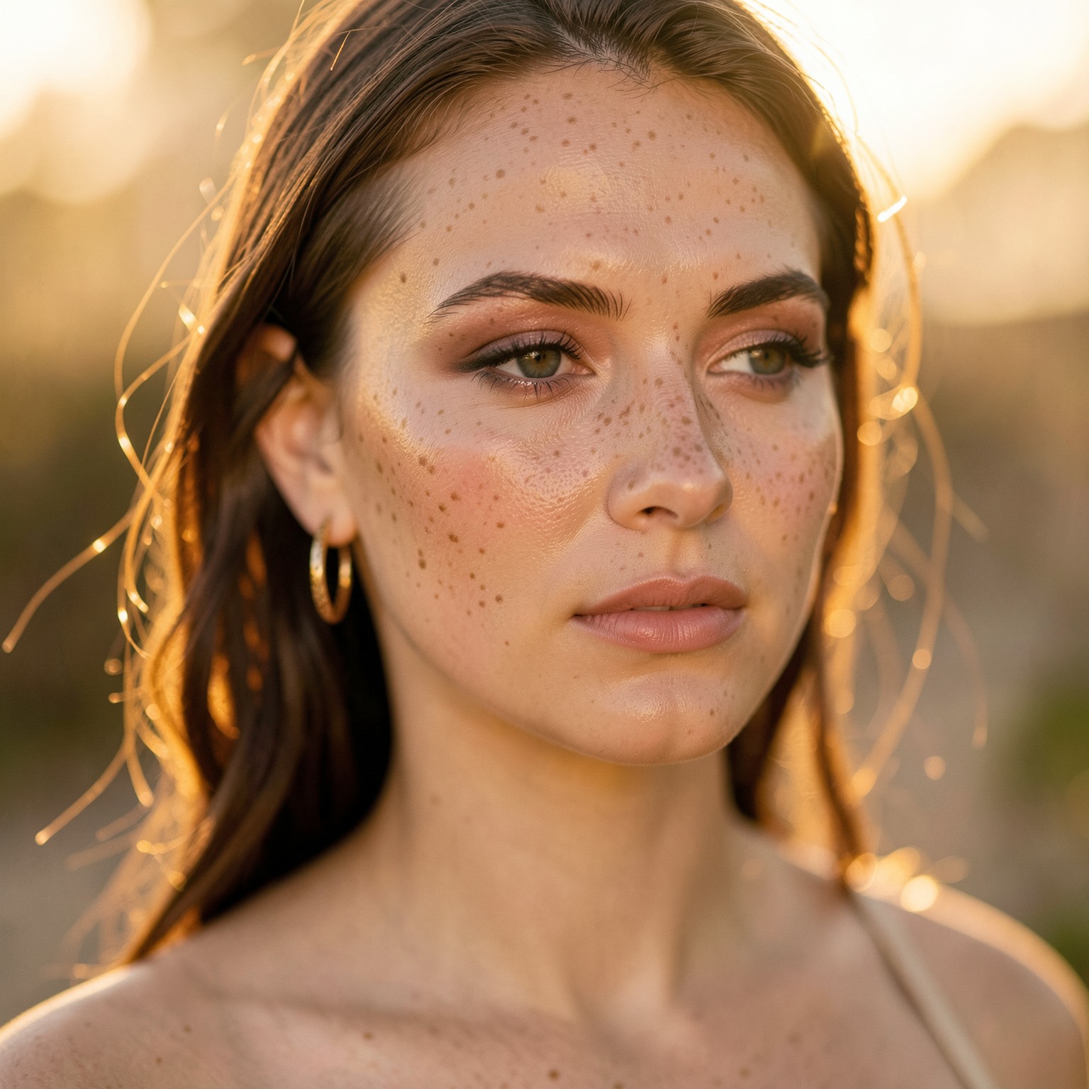Editorial close-up of elegant woman with freckles and natural makeup, golden hour lighting