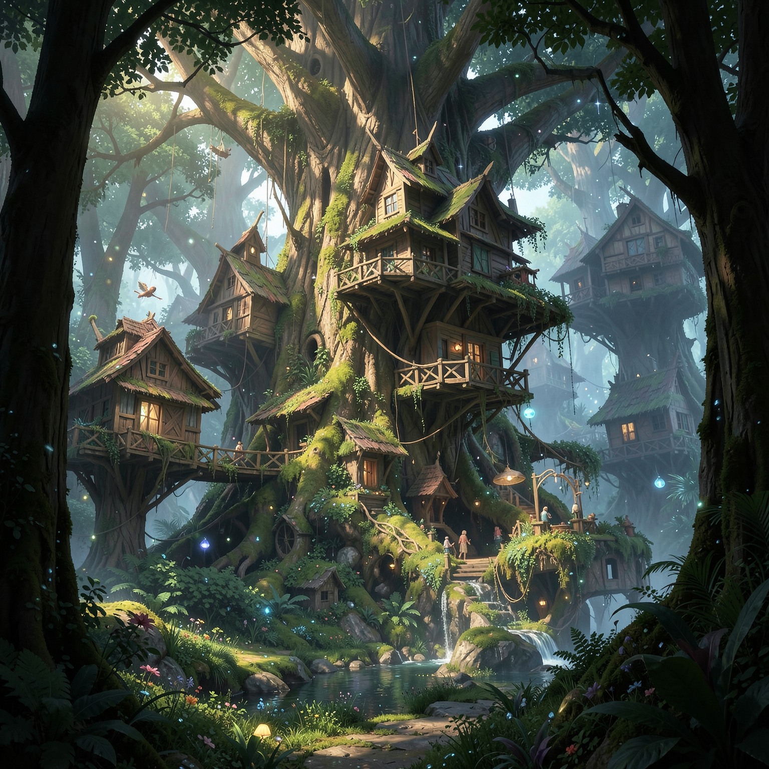 giant tree house village inside magical forest