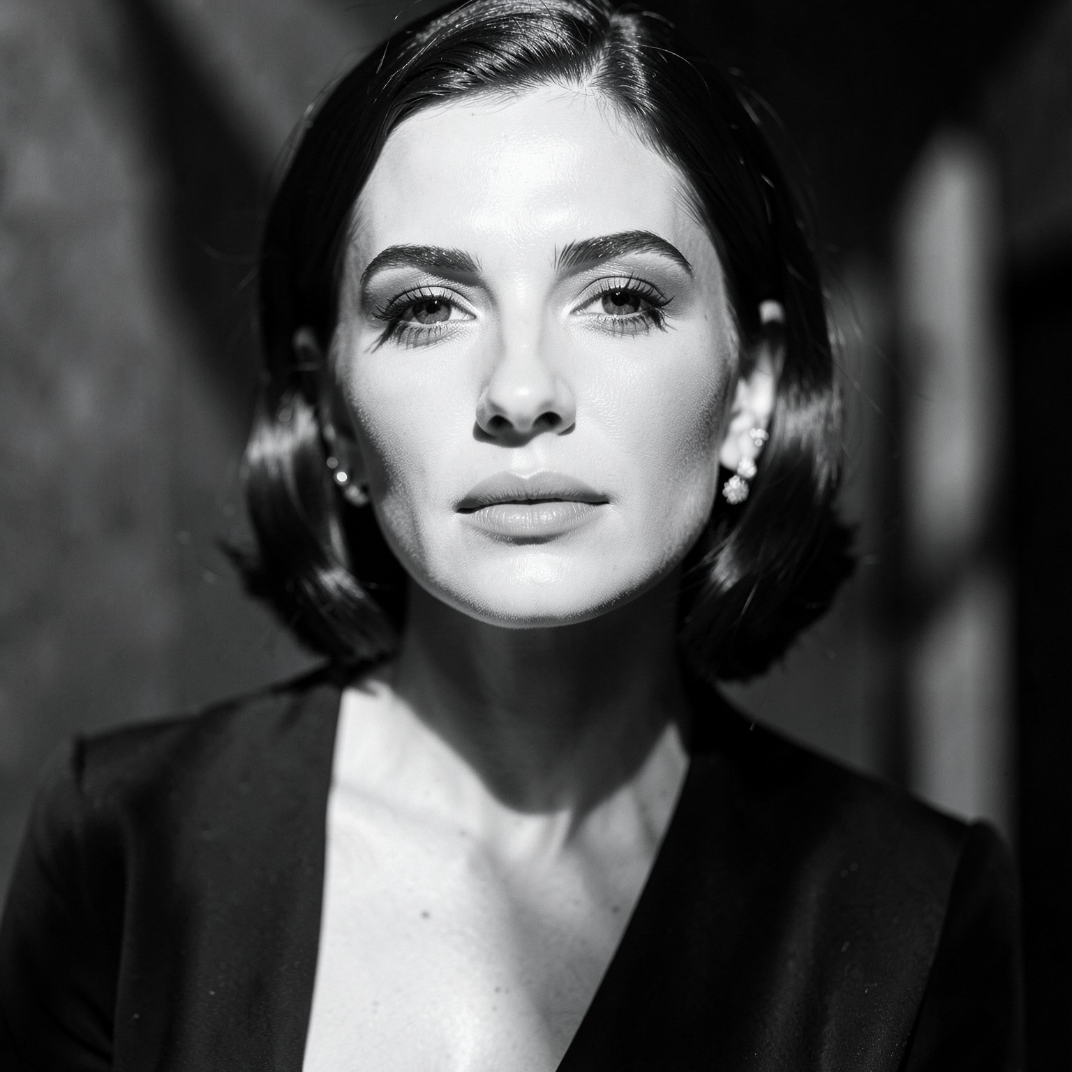 Luxury black and white beauty photography with soft shadows and elegant expression