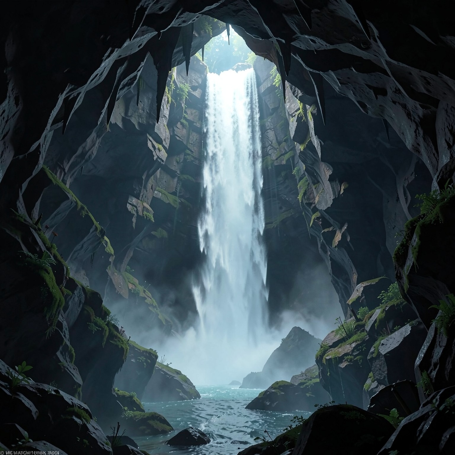 Giant waterfall inside underground fantasy cave