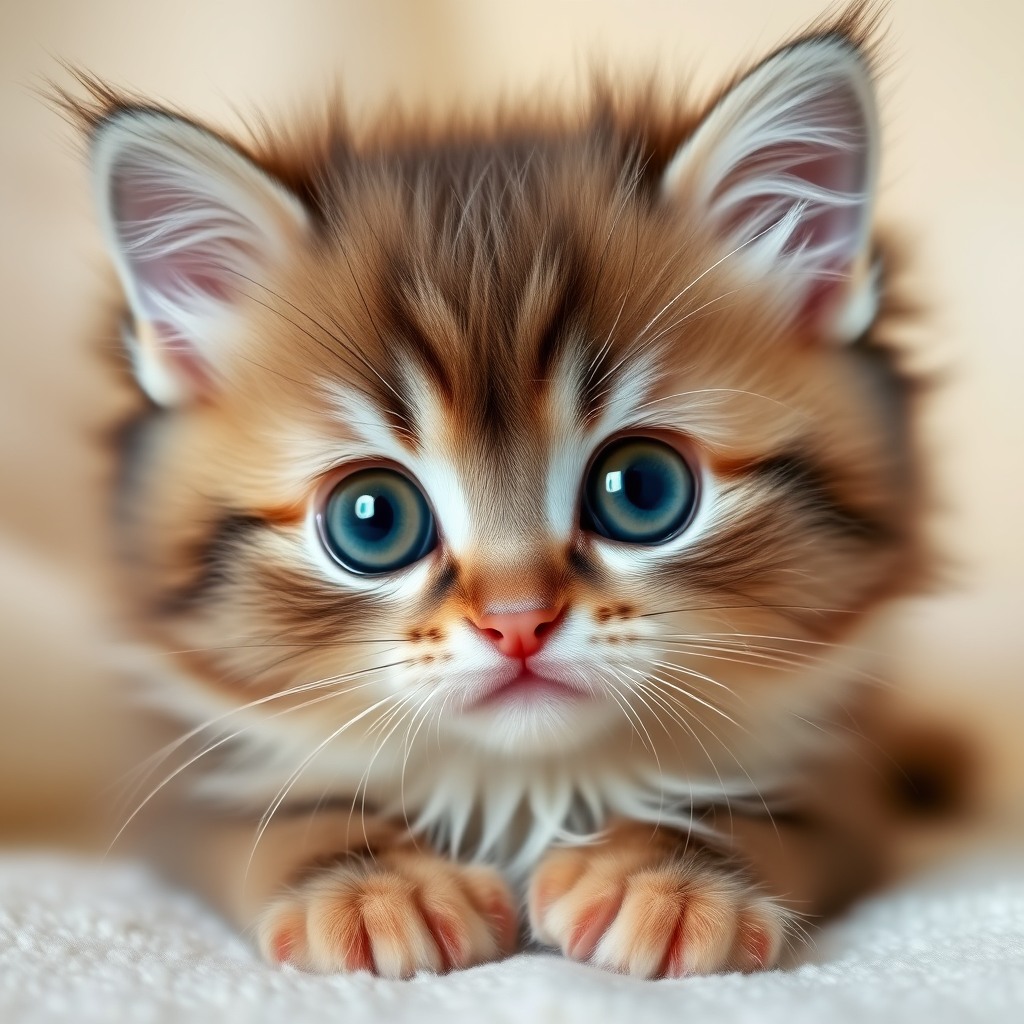 cute fluffy kitten, big expressive eyes, pastel colors, soft lighting, kawaii style