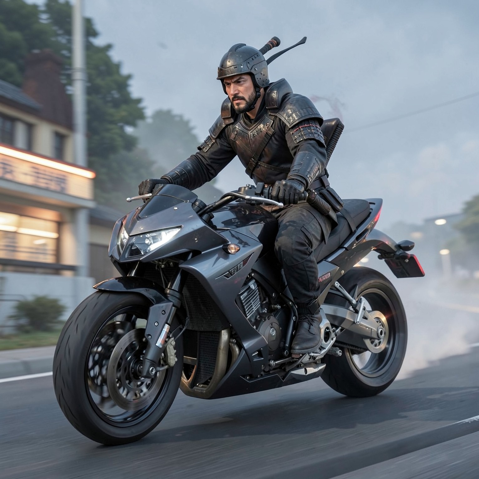 Samurai riding futuristic motorcycle