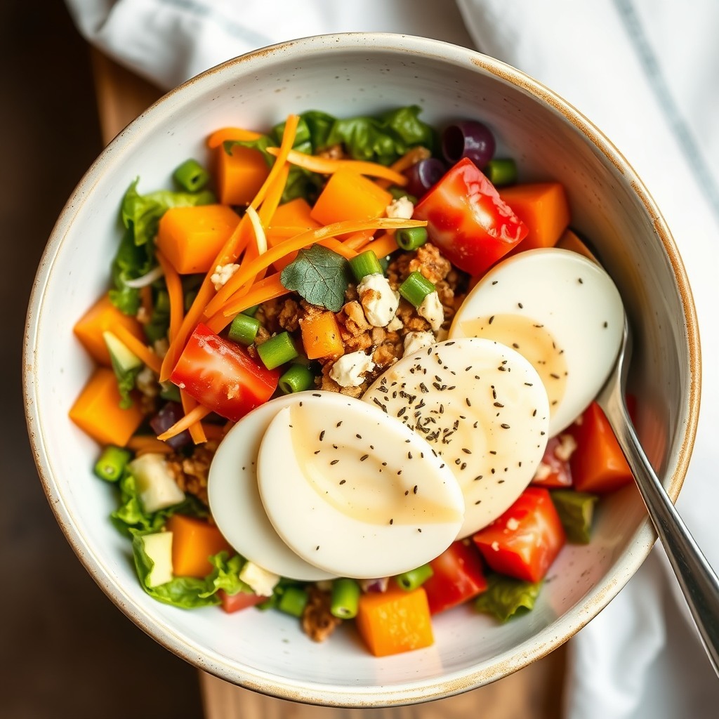 bowl of mixed salad, healthy food photography, bright tones