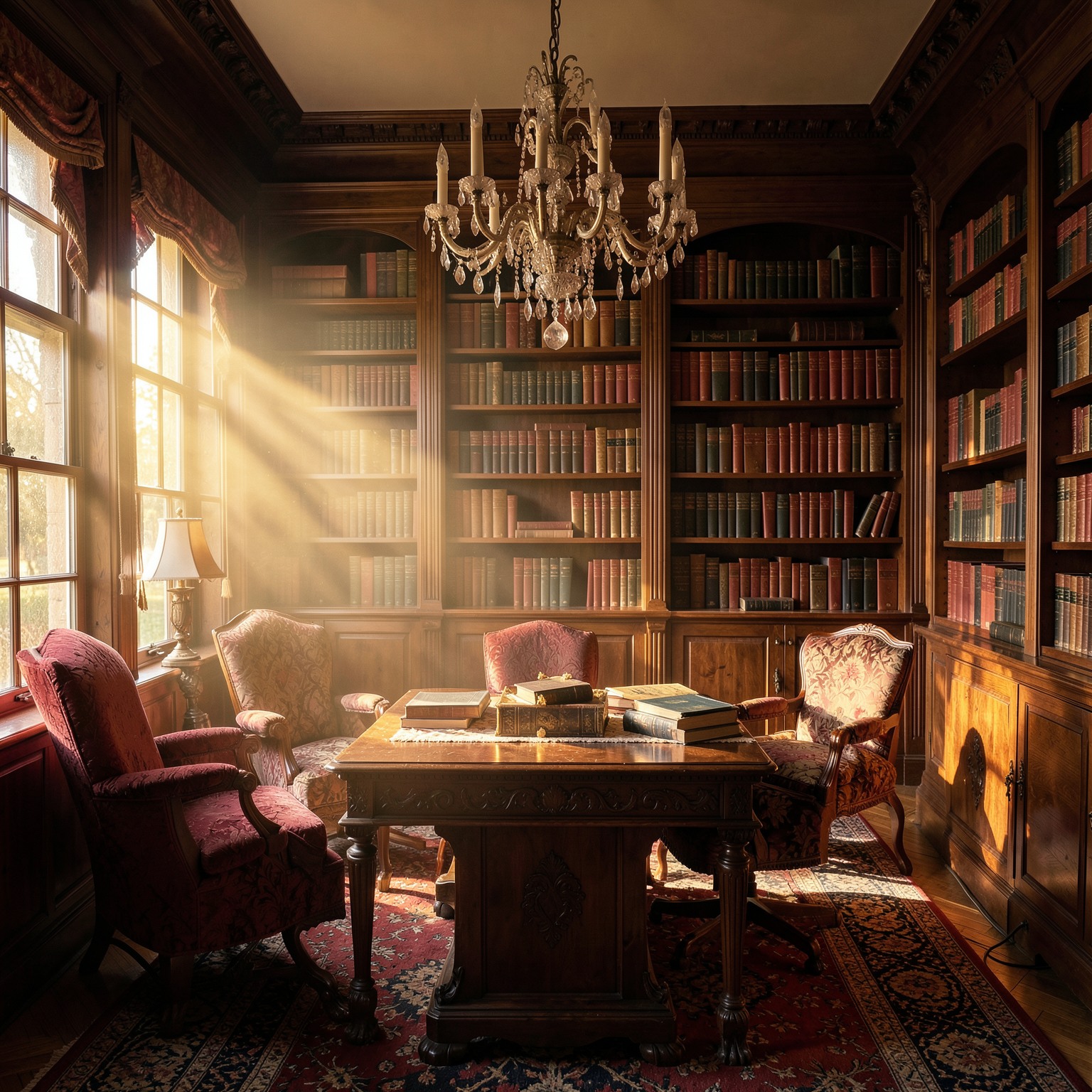 Stylish old money mansion library with golden sunset rays