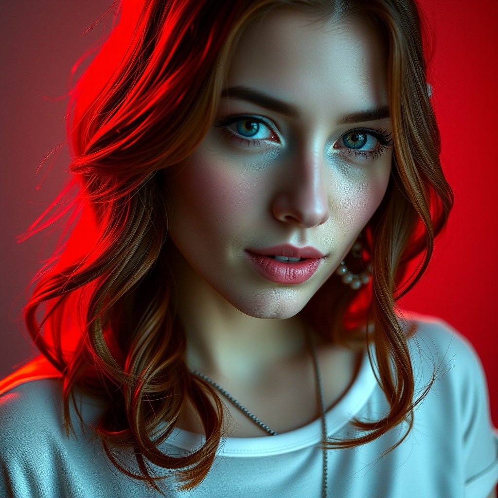 red hear woman, hyper-realistic, rim lighting, ultra sharp focus, real skin