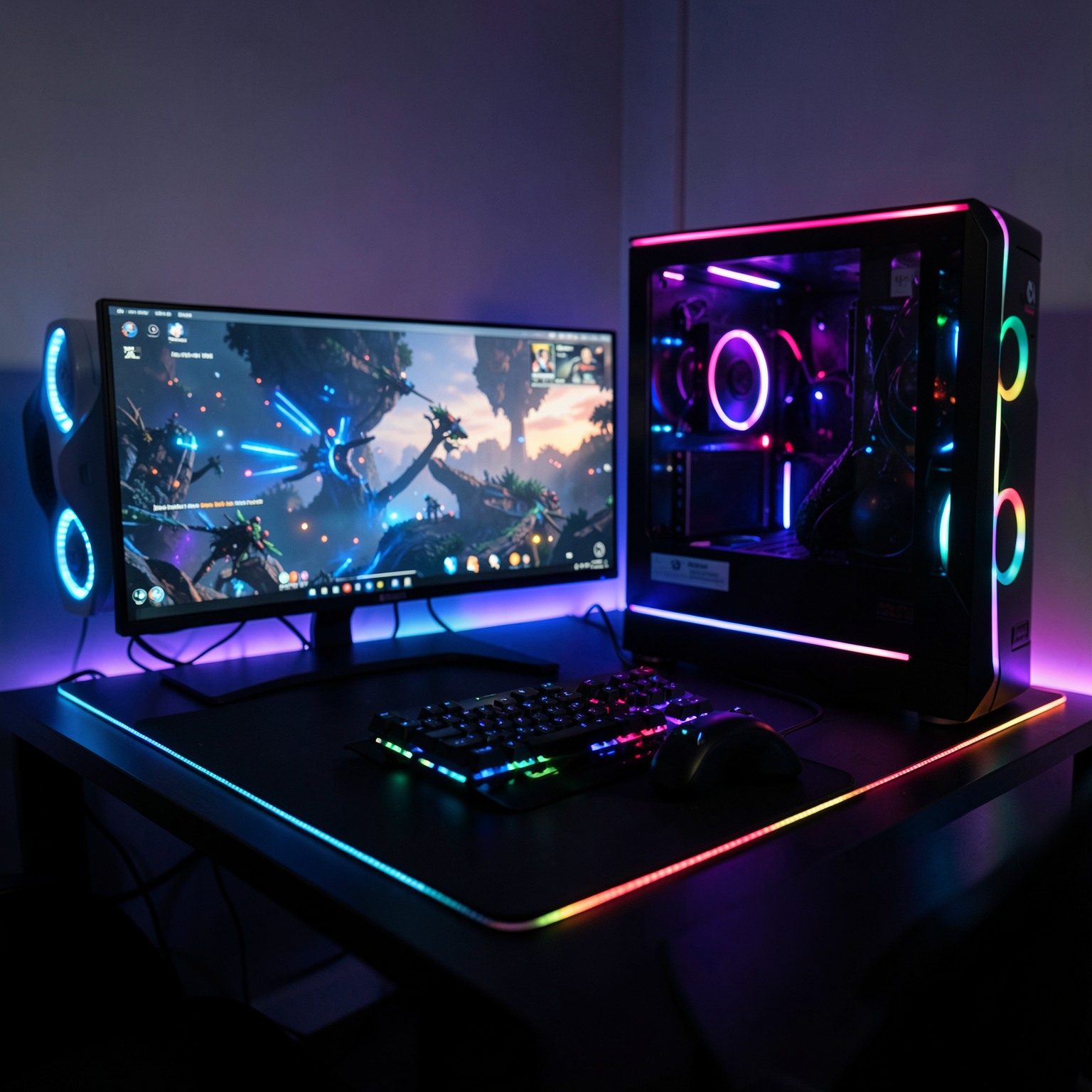 modern gaming setup with RGB lights, cinematic product photography