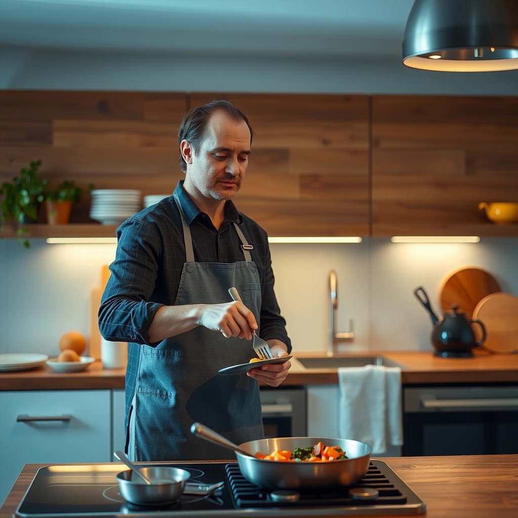 Photo-realistic editorial photography, realistic scene representing a man cooking dinner in modern kitchen