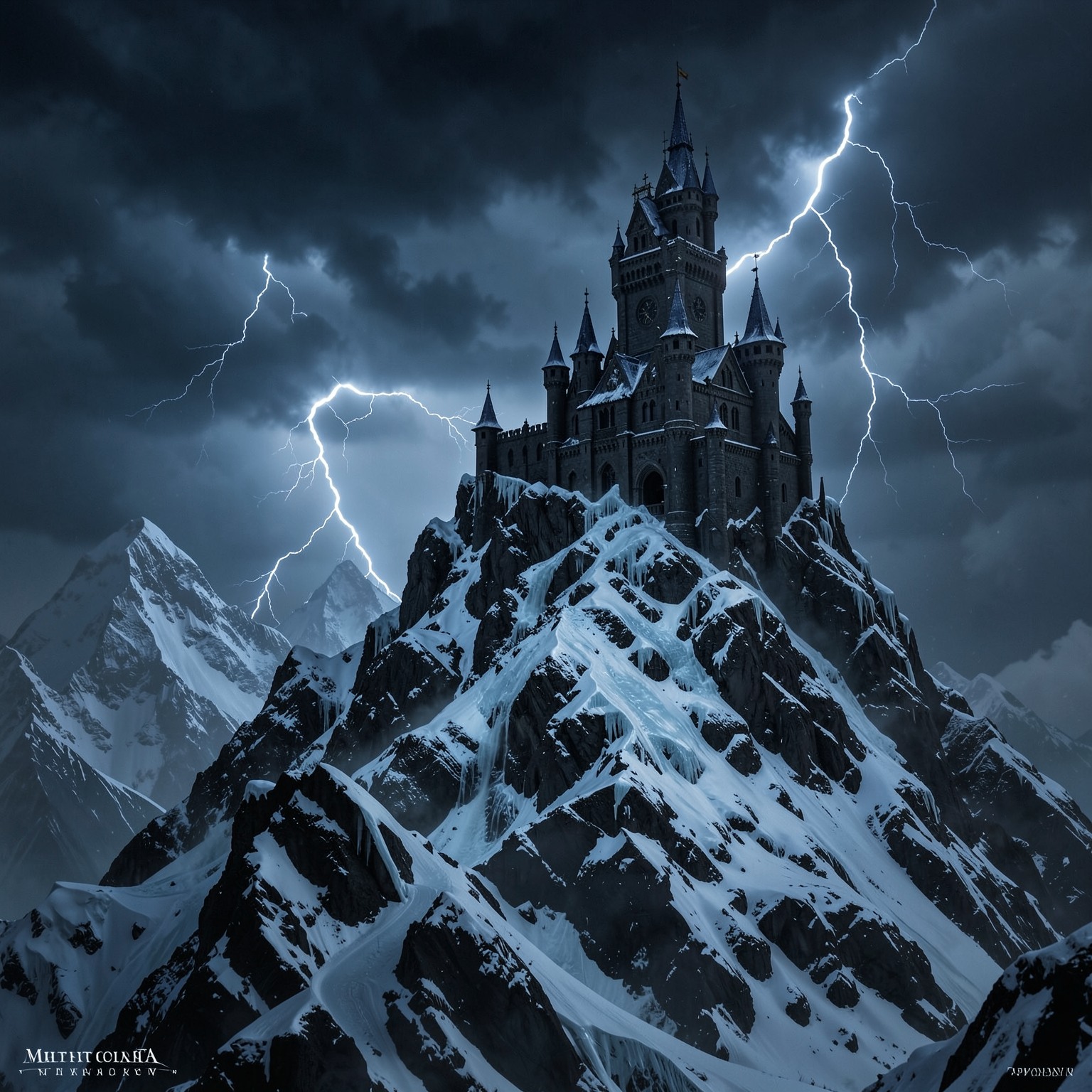 dark fantasy castle on top of icy mountain during thunderstorm