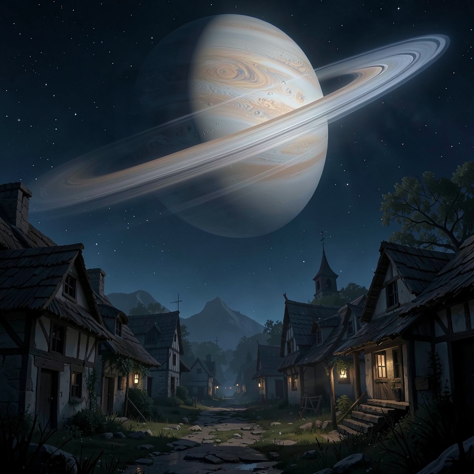 Massive ringed planet visible above medieval village at night