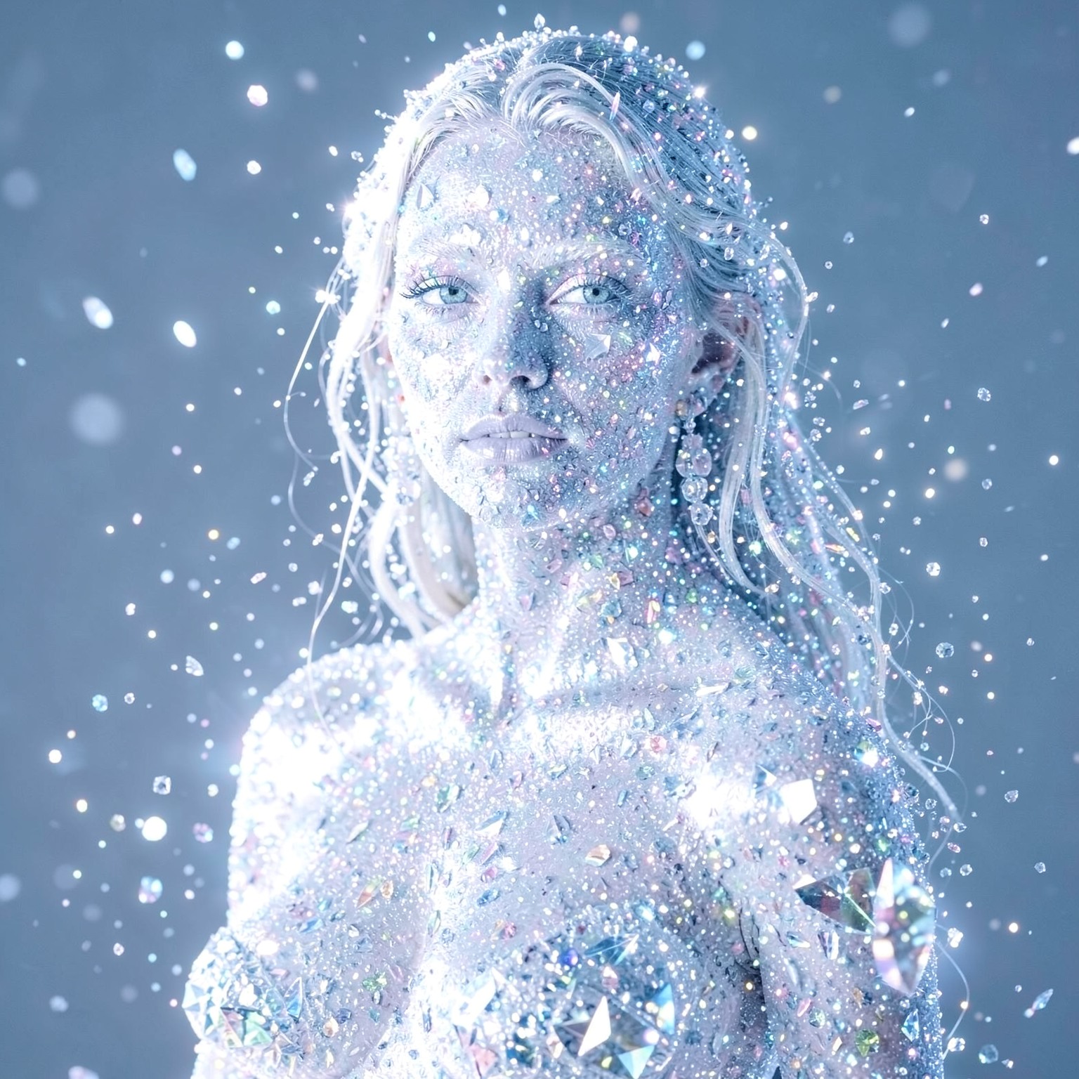 beautiful woman made entirely of crystal and light particles