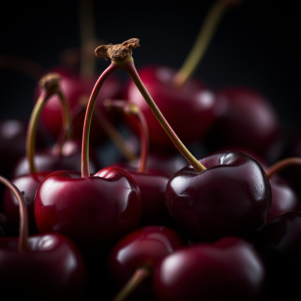 cherries with stems, dark moody lighting, cinematic food shot