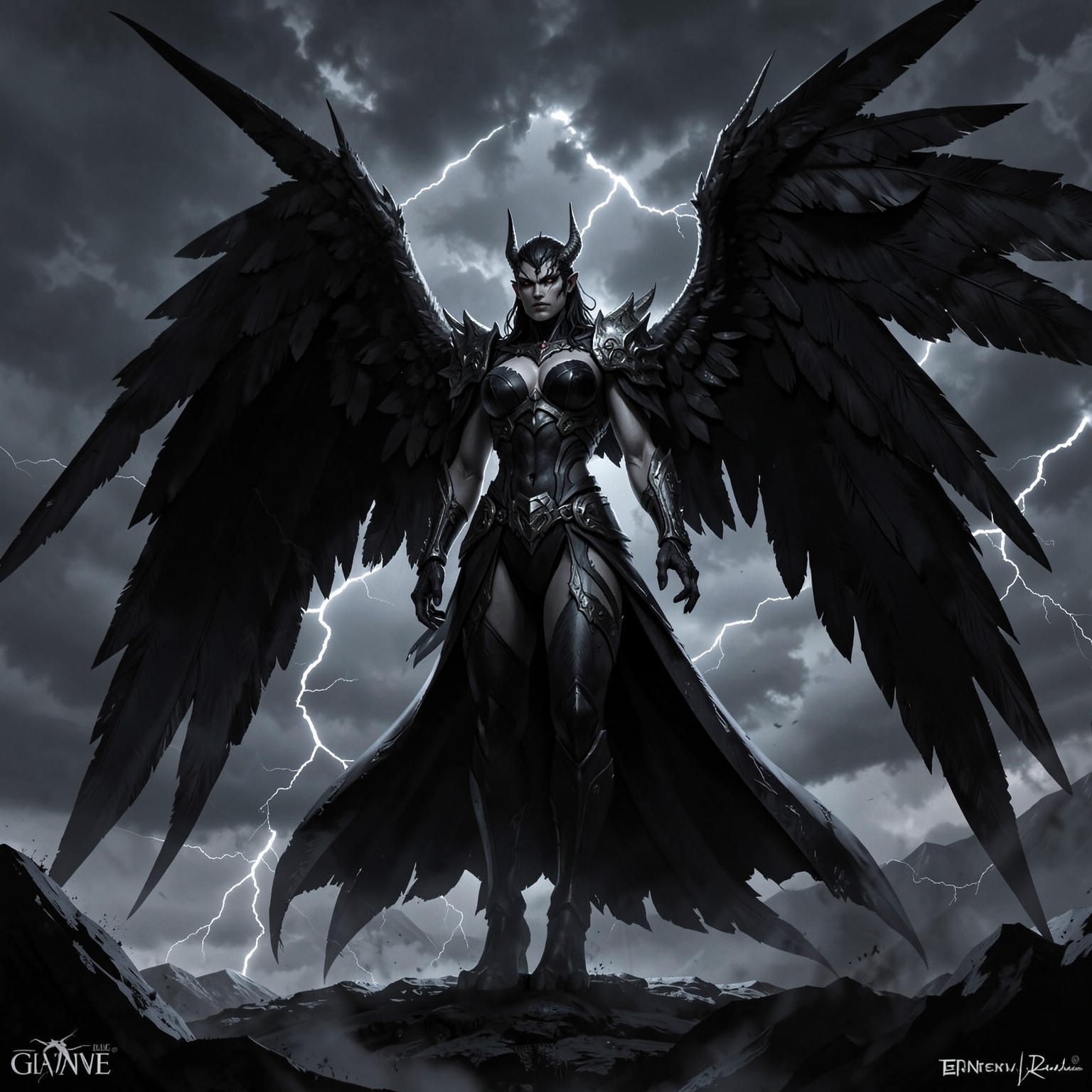 dark angel with giant black wings standing in storm
