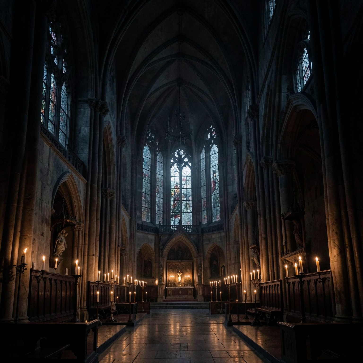 Dark gothic cathedral interior with candles