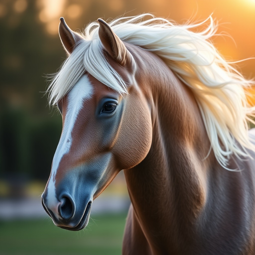 realistic horse portrait, flowing mane, natural outdoor light