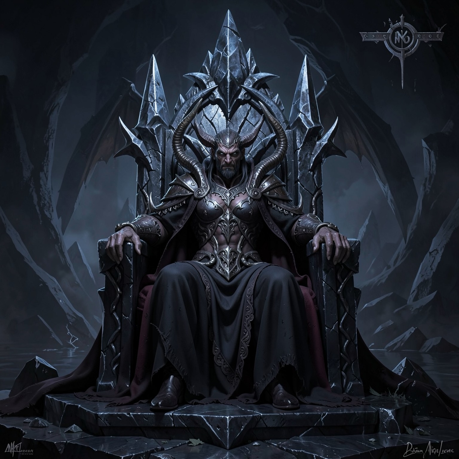 dark fantasy demon king sitting on obsidian throne