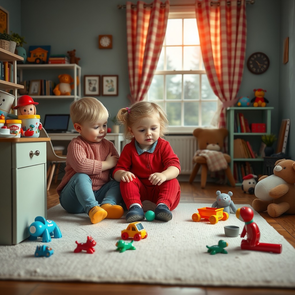 Photo-realistic editorial photography, realistic scene representing parents tidying up toys
