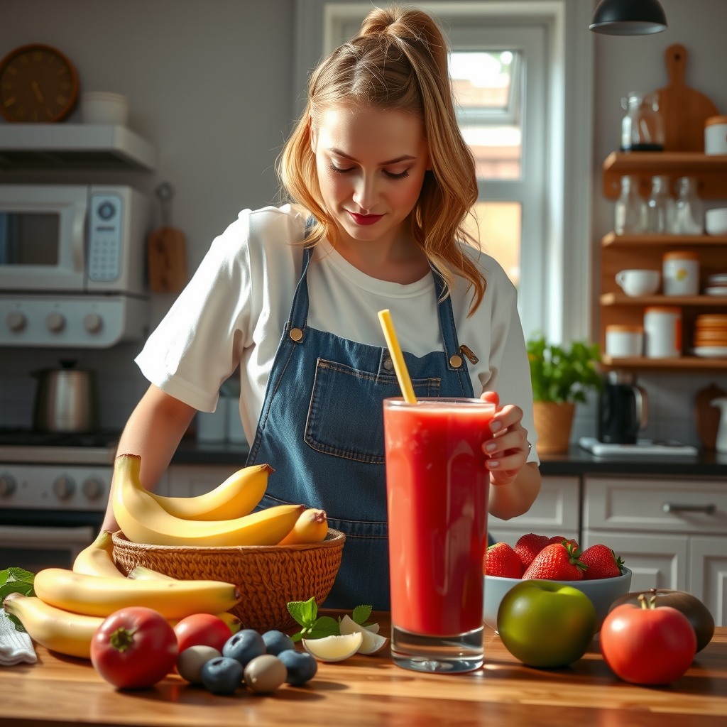 Photo-realistic editorial photography, realistic scene representing a woman preparing smoothie in kitchen