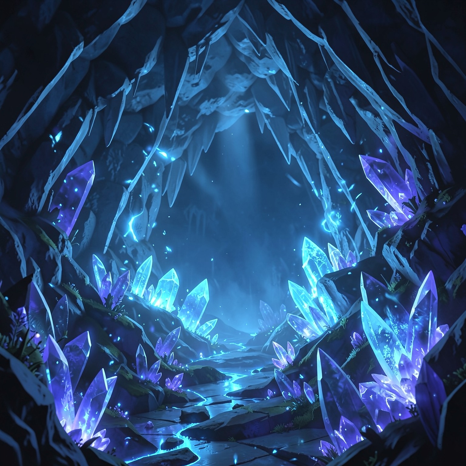 fantasy crystal cave glowing with blue energy