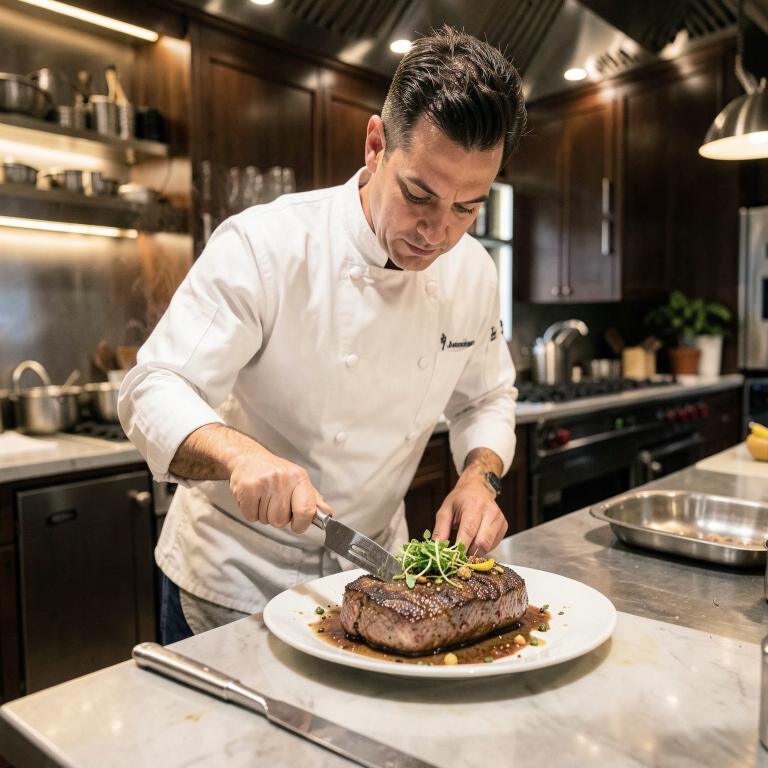 chef preparing gourmet steak in luxury kitchen