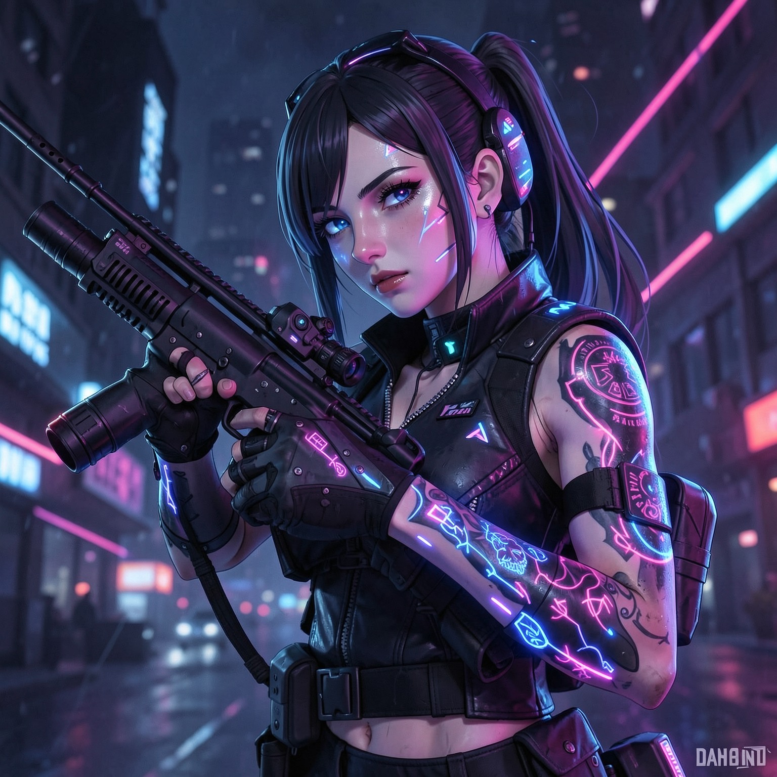 Neon cyberpunk sniper girl with glowing tattoos