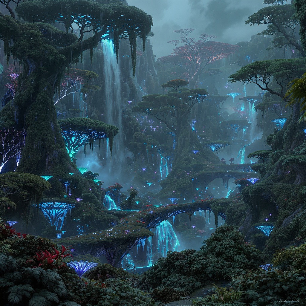 Alien jungle with glowing waterfalls and bioluminescent plants, cinematic sci-fi landscape