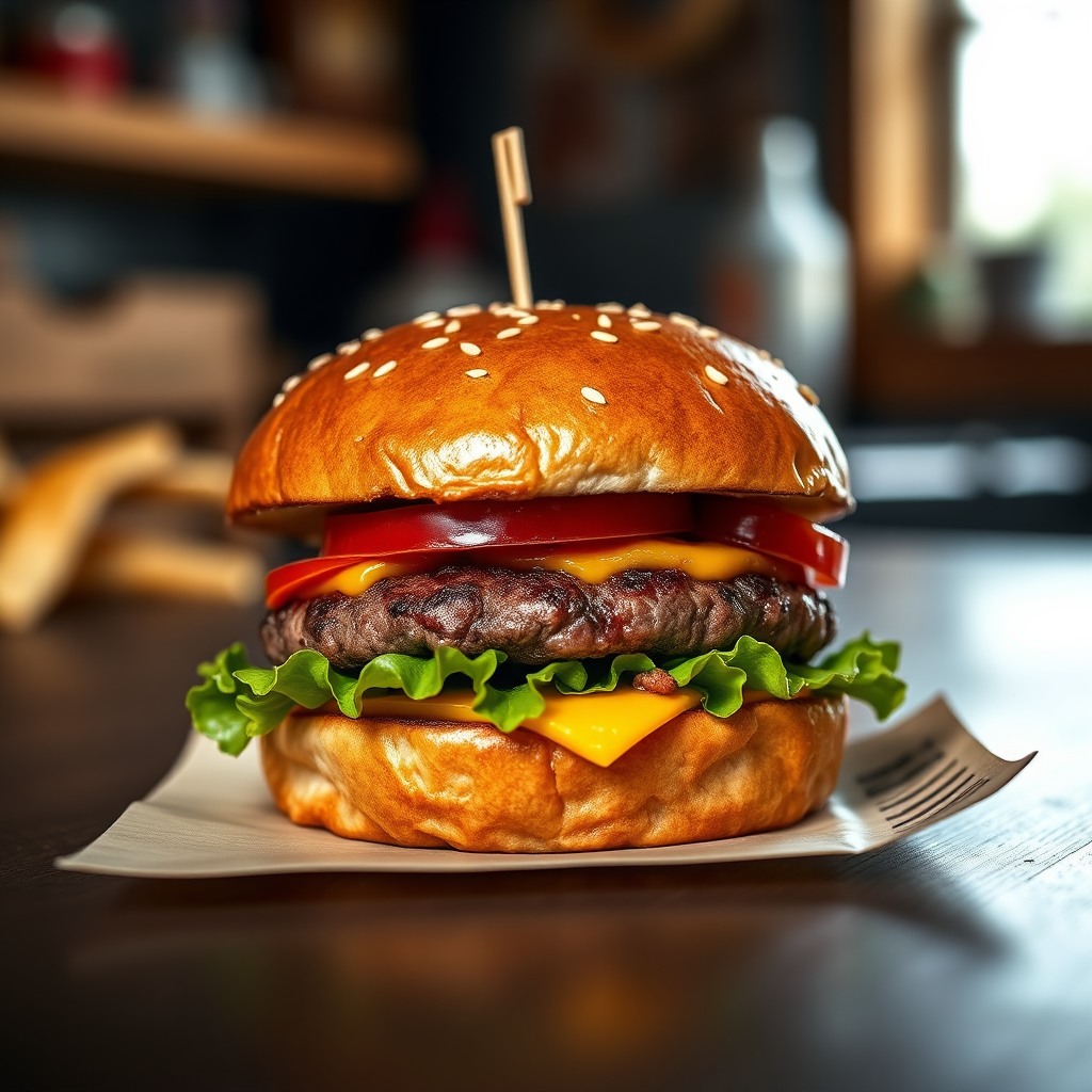 realistic food photography of a gourmet burger, studio lighting, shallow depth of field